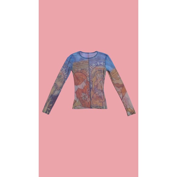 Y2K ALPHONSE MUCHA Art NOUVEAU Print Mesh Long Sleeve Blouse W/Rhinestones. XS-S - Picture 4 of 16